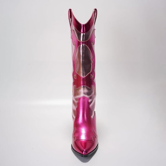Women's Metallic Pink Mid Calf Western Pointed Toe Comfortable Heel Boots - Picture 5 of 8